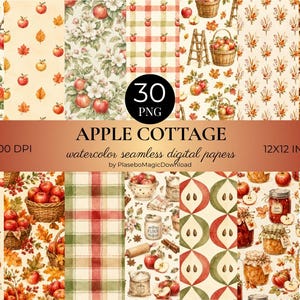 Może przedstawiać: Kolekcja 30 cyfrowych papierów o nazwie APPLE COTTAGE zawierająca akwarelowe ilustracje czerwonych jabłek, jesiennych liści, wiklinowych koszy, wzorów w kratę, lasek cynamonu, słoików z przetworami oraz plasterków jabłek na kremowym tle.