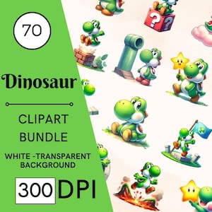 Conjunto de 70 clipart de dinossauro Yoshi em aquarela - 300 DPI, alta resolução, fundo transparente, download digital perfeito para presentes e artesanato DIY
