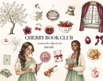 80 Cherry Book Club Watercolor Clipart, Reading Girl PNG, Book Lover, Digital Download