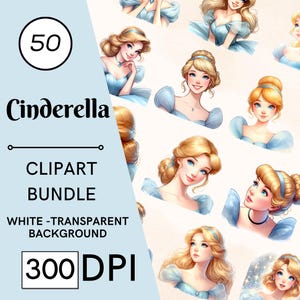 50 Cinderella Watercolor Clipart Set, Fairytale Graphics, Nursery Art, Commercial Use, Digital Download