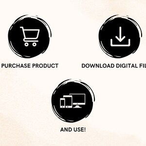 May include: Three black circular icons with white illustrations and text. The first icon shows a shopping trolley with the text "PURCHASE PRODUCT". The second icon shows a downward arrow with the text "DOWNLOAD DIGITAL FILES". The third icon shows a phone, tablet, and computer with the text "AND USE!"