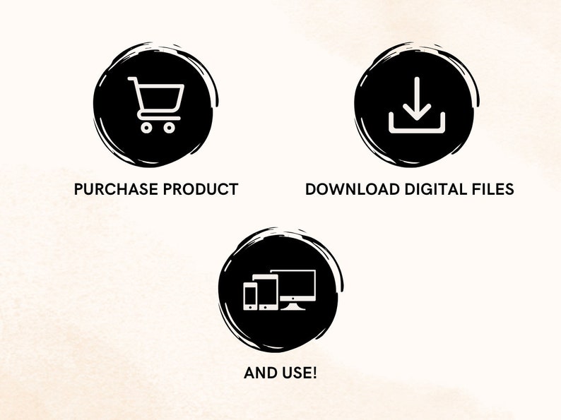 May include: Three black circular icons with white illustrations and text. The first icon shows a shopping trolley with the text "PURCHASE PRODUCT". The second icon shows a downward arrow with the text "DOWNLOAD DIGITAL FILES". The third icon shows a phone, tablet, and computer with the text "AND USE!"