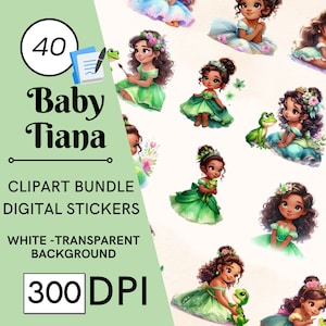 40 baby prinses Tiana clipart, kikker prinses png, sprookjes prinses clipart voor commercieel gebruik en digitale download, fantasie prinses png