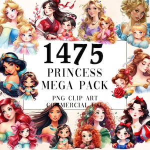 1475 Watercolor Fairytale Princess Clipart Mega Pack, Fantasy PNG Images, Commercial Use, Digital Download