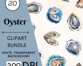 20 Coastal Watercolor Oyster Clipart, Transparent Background PNG Commercial Use Instant Download