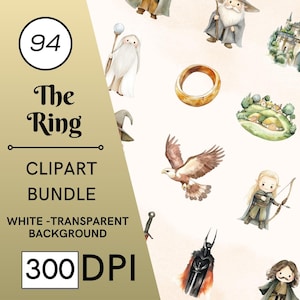 Könnte beinhalten: Ein digitales Clipart-Bundle mit weißem Hintergrund, das Illustrationen von Charakteren, einem Ring, einem Adler und einer Landschaft enthält. Der Text enthält "94", "The Ring", "Clipart Bundle" und "300 DPI".