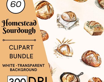 60 Sourdough Bread Watercolor Clipart, Baking Illustrations, Commercial Use, Digital Download