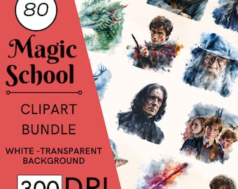 80 Magic School Clipart, Harry Movie Watercolor PNG Bundle, Commercial Use, Digital Download