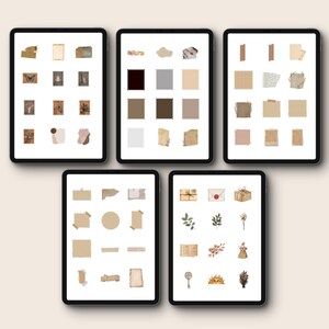 May include: Five digital tablet screens displaying various digital paper textures, illustrations, and graphics. The graphics include vintage paper, envelopes, stamps, flowers, and other decorative elements.