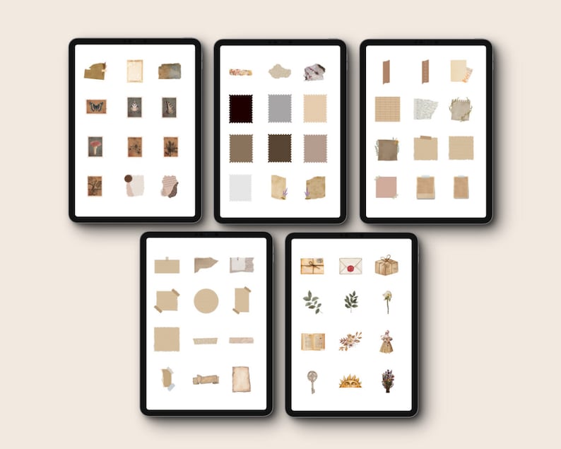 May include: Five digital tablet screens displaying various digital paper textures, illustrations, and graphics. The graphics include vintage paper, envelopes, stamps, flowers, and other decorative elements.