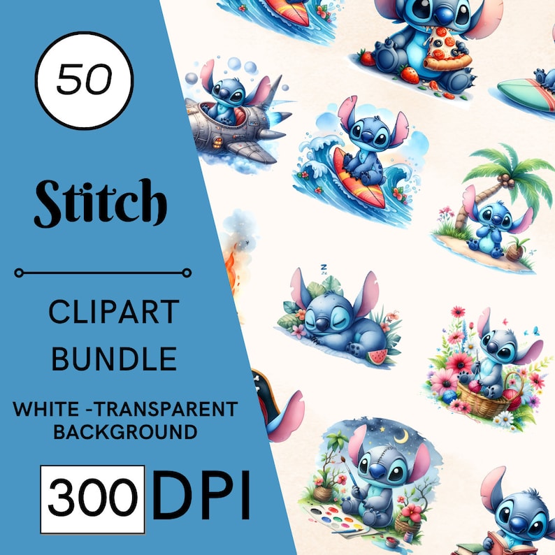 May include: A digital clipart bundle with 50 illustrations of the character Stitch in different scenarios. The images show Stitch surfing, sleeping, and painting, with a white-transparent background. The image text reads "Stitch Clipart Bundle" and "300 DPI".