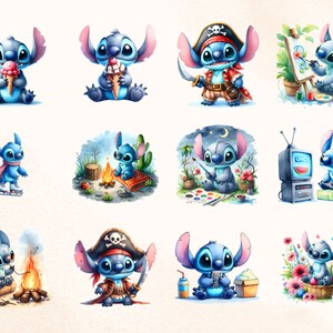 May include: A set of watercolour illustrations showcasing a blue alien character in different scenarios. The character is shown eating ice cream, ice skating, as a pirate, painting, and watching television. The images have a whimsical and playful style.