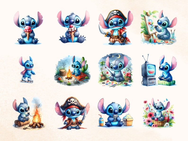 May include: A set of watercolour illustrations showcasing a blue alien character in different scenarios. The character is shown eating ice cream, ice skating, as a pirate, painting, and watching television. The images have a whimsical and playful style.