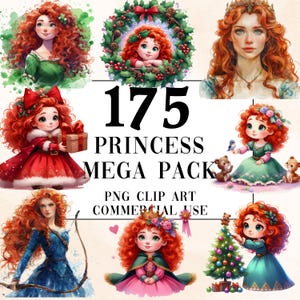 175 Princess Merida Clipart MegaPack PNG, aquarel Fantasy Fairytale Clipart, commercieel gebruik, digitale download, Fantasy Baby Princess