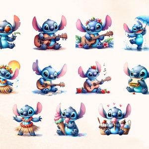 May include: A series of watercolour illustrations showcasing the character Stitch in different scenarios. Stitch is seen with sunglasses, playing a guitar, under an umbrella, and eating ice cream. The images have a soft, colourful aesthetic.