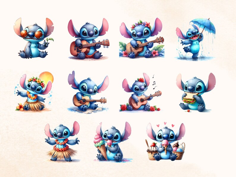 May include: A series of watercolour illustrations showcasing the character Stitch in different scenarios. Stitch is seen with sunglasses, playing a guitar, under an umbrella, and eating ice cream. The images have a soft, colourful aesthetic.