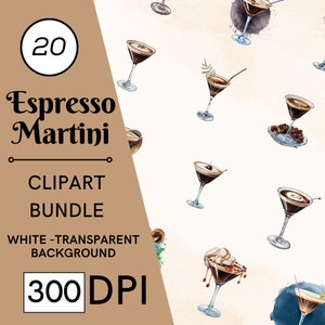 20 Watercolor Espresso Martini Clipart, PNG Cocktail Illustrations, Commercial Use, Digital Download