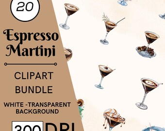 20 Watercolor Espresso Martini Clipart, PNG Cocktail Illustrations, Commercial Use, Digital Download