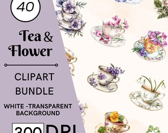 40 Tea and Flower Clipart, Vintage Watercolor PNG, Commercial Use, Digital Download