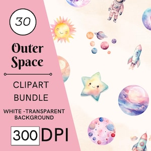 30 Weltraum Clipart, Aquarell, süße Weltraum Clipart Space Girl Clipart Mädchen Astronaut PNG Pastell Space, Rakete Sonne Mond Sterne Planeten