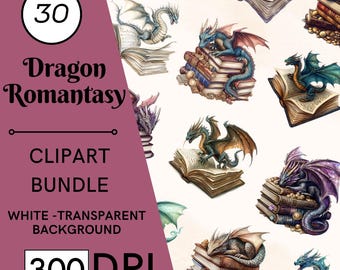 30 Dragon and Books Clipart, Watercolor Fantasy Art, Nursery, Commercial Use, Digital Download