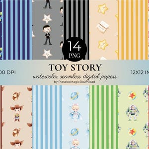 Puede incluir: Una colección de 14 papeles digitales sin costuras PNG en acuarela con temas de Toy Story. Los diseños incluyen rayas, estrellas e ilustraciones de personajes. Resolución de 300 DPI, dimensiones de 30,48 x 30,48 cm.