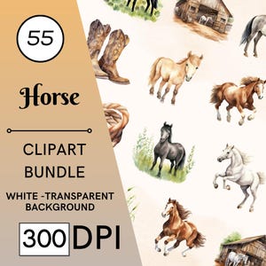 55 Watercolor Horse Clipart Bundle Set, Horses Transparent PNGs, Commercial Use, Digital Download