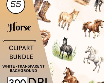 55 Watercolor Horse Clipart Bundle Set, Horses Transparent PNGs, Commercial Use, Digital Download