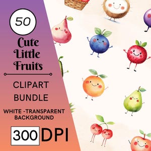 50 Cute Watercolor Little Fruits Clipart Set - 300 DPI, High-Resolution - Adorable Kawaii Fruit Illustrations for Kids Crafts, Scrapbooking