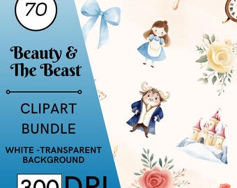 70 Watercolor Beauty and the Beast Clipart, Princess Nursery Decor, PNG, JPG, PDF Digital Download