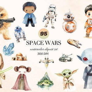 Puede incluir: Conjunto de imágenes prediseñadas de acuarela con varios personajes y elementos del universo Space Wars. Incluye a Chewbacca, R2-D2, Yoda y otras figuras icónicas. También incluye el texto "SPACE WARS watercolor clipart set 300 DPI".