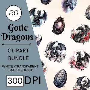 20 PNG Watercolour Gothic Dragons Clipart, Dark Fantasy Black Dragon Clip Art, Dragon png bundle, for Scrapbook, Junk Journal, Paper Crafts