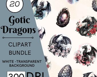 20 Watercolor Gothic Dragons Clipart, Dark Fantasy PNG Bundle, JPG, Commercial Use, Digital Download