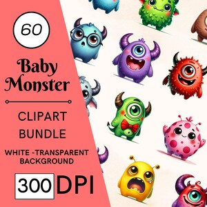60 Watercolor Baby Monster Clipart, Scrapbook Stickers, Nursery Art, Commercial Use, Digital Download