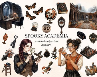 80 Spooky Academia Watercolor Clipart, Dark Academia Halloween PNG, Gothic Library , Digital Download