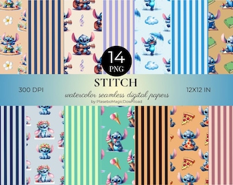 14 Watercolor Stitch Summer Seamless Patterns, Fantasy Digital Paper, Digital Download, 300 DPI