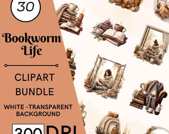 Może przedstawiać: Zestaw 30 cyfrowych ilustracji clipart przedstawiających przytulne sceny z ludźmi czytającymi książki, pijącymi kawę i cieszącymi się jesienią. Ilustracje są w stylu akwarelowym i charakteryzują się ciepłymi kolorami, takimi jak brązowy, pomarańczowy i żółty. W obrazie znajduje się tekst "Bookworm Life".