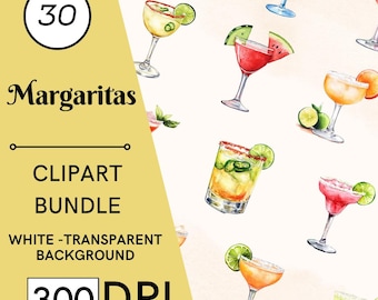 30 Margaritas Watercolor Clipart, Cocktail PNG Set, Commercial Use, Digital Download