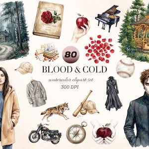 May include: Watercolor clipart set titled "BLOOD & COLD" featuring various illustrations. Includes a book with a rose, a piano, a baseball, a motorcycle, a wolf, a compass, and a woman in a tan coat.