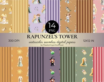 14 Watercolor Rapunzel Seamless Patterns, Fantasy Digital Paper, Digital Download,  300 DPI