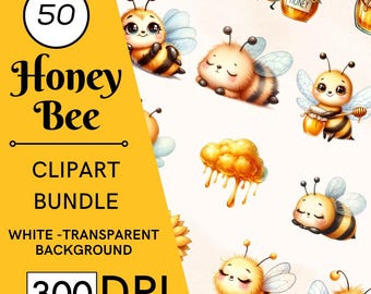 50 Honig Biene Aquarell Clipart Bundle, Kinderzimmer Dekor (PNG, JPG, PDF)