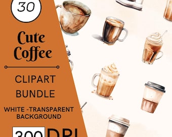 Coffee Watercolor Clipart, Coffee Mugs, Drinks (PNG, JPG, PDF)