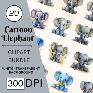 20 Cartoon Elephant Clipart, Baby Elephant, Printable Watercolor clipart, High Quality JPGs, Digital download, Paper craft, junk journal