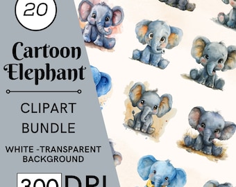 20 imágenes prediseñadas de elefantes de acuarela, gráficos para baby shower, PNG, JPG, uso comercial, descarga digital