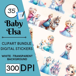 35 Clipart di Baby Princess Elsa, PNG, uso commerciale completo, Clipart di favole fantasy ad acquerello, con download immediato, castello di ghiaccio, corona di ghiaccio