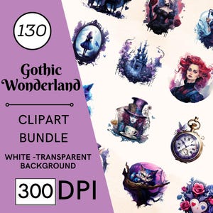 130 Clipart del Paese delle Meraviglie Gotico, PNG trasparenti di alta qualità, download immediato, uso commerciale, arte di Alice nel Paese delle Meraviglie, immagini del gatto del Cheshire