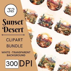 32 aquarel dorre woestijn clipart, woestijnlandschap clipart, zonsondergang woestijn clipart png, woestijncactus clipart, cactussen illustraties, commercieel GEBRUIK