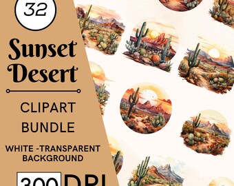 32 imágenes prediseñadas de acuarela del desierto, paisaje árido, atardecer de cactus, PNG, JPG, uso comercial, descarga digital