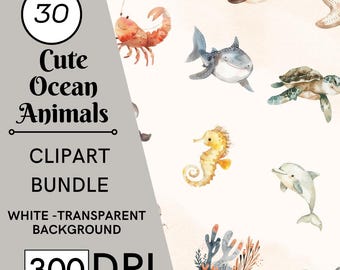 30 Watercolor Ocean Animals Clipart (Digital Download)