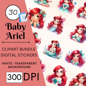 30 Clipart della principessa Ariel, uso commerciale completo, Clipart della principessa fantasy acquerello con download immediato, principessa sirena